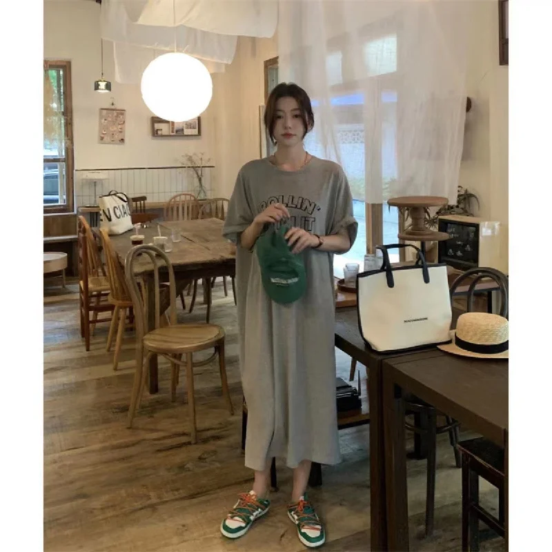 NiDELL Summer Korean Style New Large Size Women's Clothing Fashionable Stylish Loose T-shirt Skirt Women's Floral Print Slit over-the-Knee Dress Women