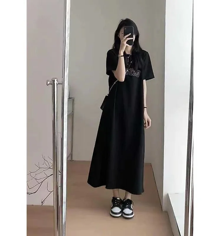 NiDELL Summer Korean Style Simple Loose Large Size Dress Casual Fashion Long below the Knee Casual T-shirt Skirt Women Can Wear outside