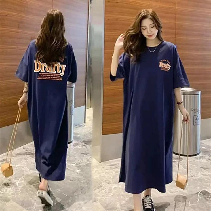 NiDELL Summer New Fashion Special Split Printed T-shirt Long Dress Long below the Knee Dress Solid Color Dress Women's Pure Desire