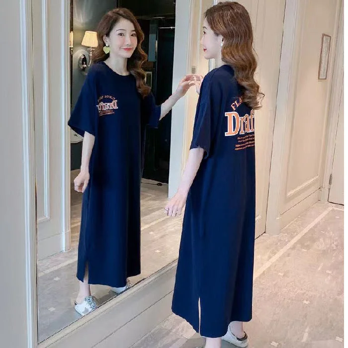 NiDELL Summer New Korean Style Fashion plus Size Women Split Printing T-shirt Long Dress Long below the Knee Full-Figured Girls' Dress