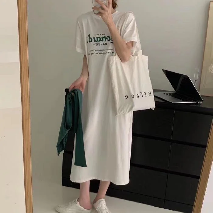 NiDELL Summer New Korean Style Fashionable Short Sleeve Loose Korean Style Floral Print Slit Mid-Length Dress T-shirt Women's Fashion