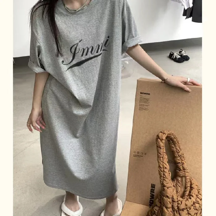 NiDELL Summer New Long over-the-Knee Personalized Letter Print Dress Idle Style Loose Casual plus Size Mid-Length Dress Fashion