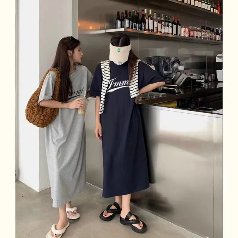 NiDELL Summer New Long over-the-Knee Personalized Letter Print Dress Idle Style Loose Casual plus Size Mid-Length Dress Fashion