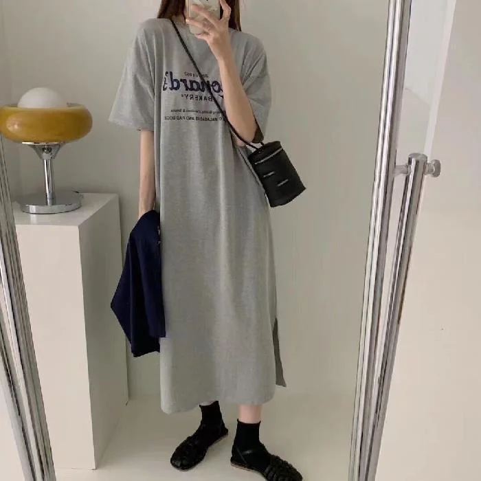 NiDELL Summer . New Loose Half Sleeve T-shirt Skirt Lazy Overknee Dress plus Size Casual Slit Dress