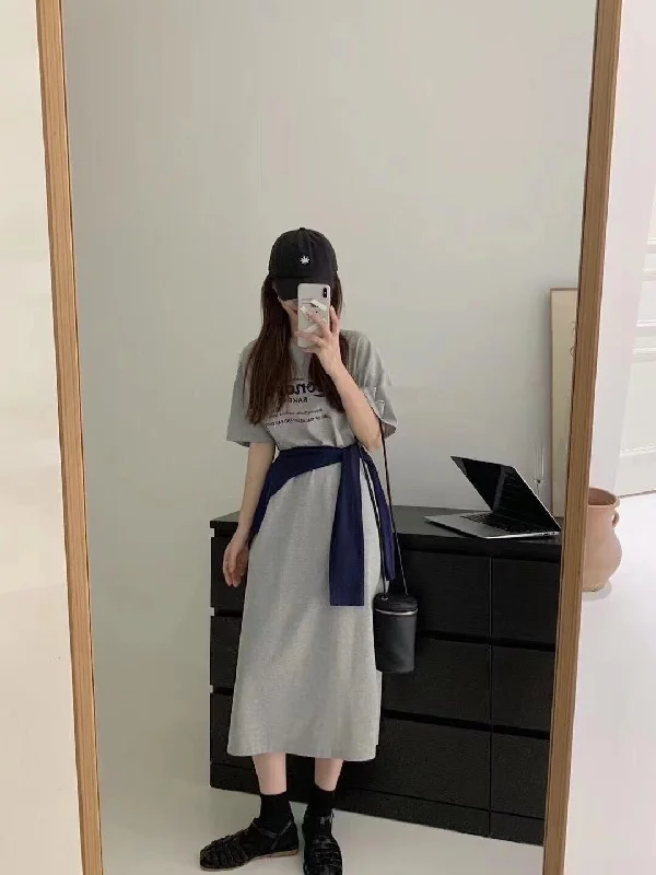 NiDELL Summer . New Loose Half Sleeve T-shirt Skirt Lazy Overknee Dress plus Size Casual Slit Dress