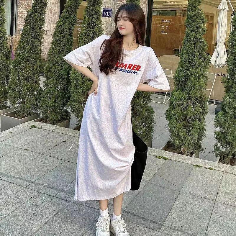 NiDELL . Summer New Mid-Length Western Style All-Matching Loose Overknee Women's Dress Large Size Casual T-shirt Skirt Ins