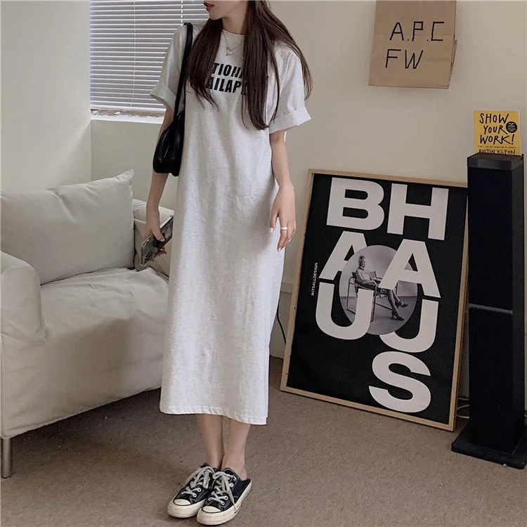 NiDELL Summer . New Pocket Lazy Dress Mid-Length T-shirt Women's Short Sleeve Overknee Dress Loose Split