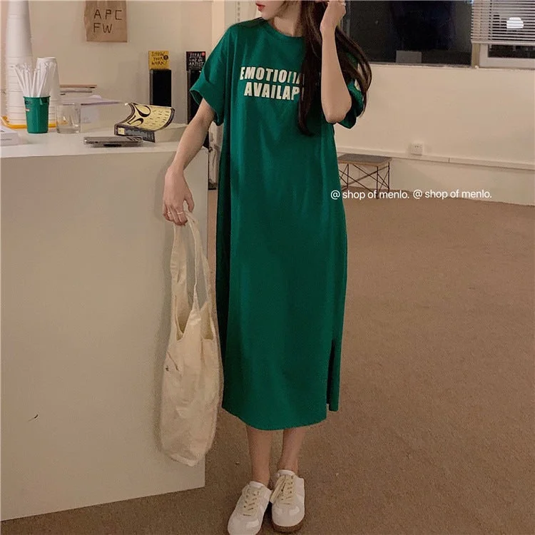 NiDELL Summer . New Pocket Lazy Dress Mid-Length T-shirt Women's Short Sleeve Overknee Dress Loose Split