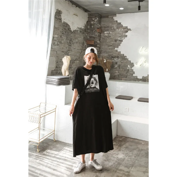 NiDELL Summer . plus Size Women's Clothes Short Sleeve Loose Slimming Overknee Long Dress Casual Dress Split T-shirt Skirt