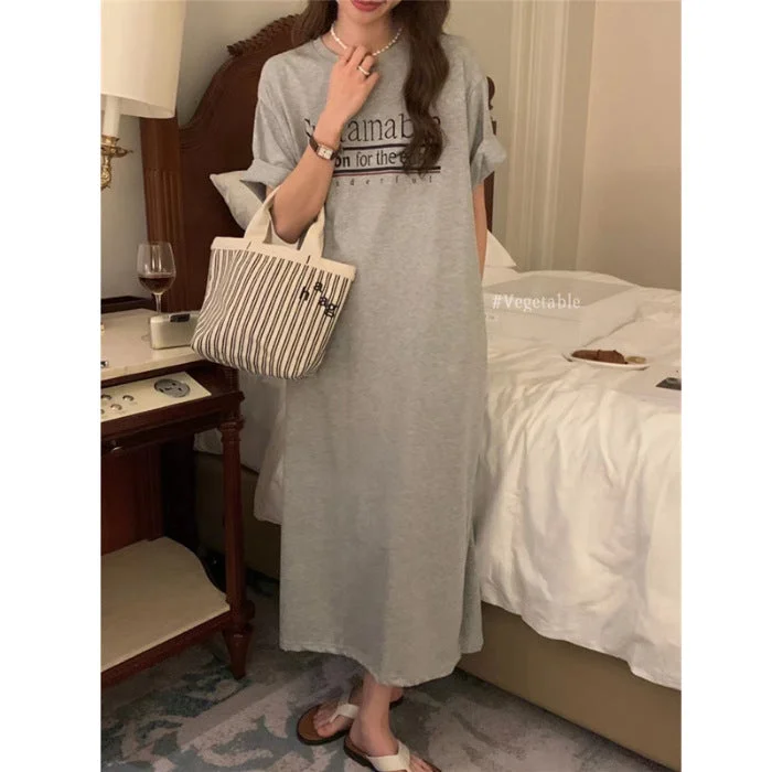 NiDELL Summer Short Sleeve and Long Pattern Top T-shirt Women's Overknee Dress Letter Printed Ins Korean Internet Celebrity Lazy Dress Fashion