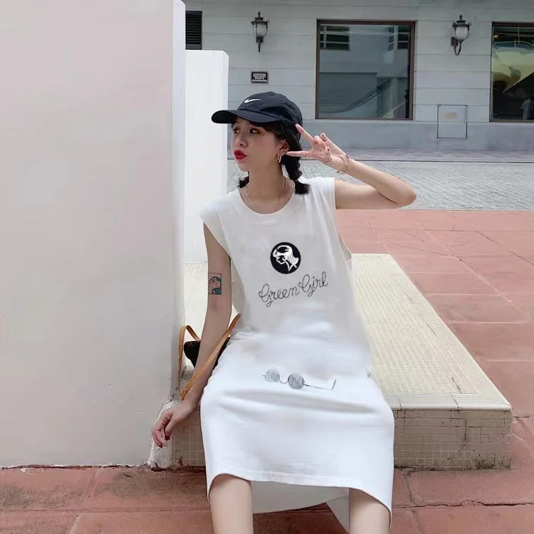 NiDELL Summer Simplicity Korean Style New Sleeveless T-shirt Long Dress Women's Loose plus Size Dress Mid-Length Vest Night Dress