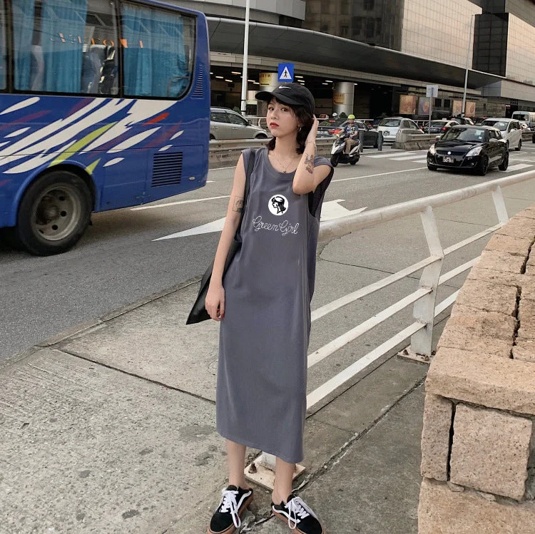 NiDELL Summer Simplicity Korean Style New Sleeveless T-shirt Long Dress Women's Loose plus Size Dress Mid-Length Vest Night Dress