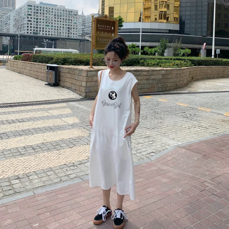 NiDELL Summer Simplicity Korean Style New Sleeveless T-shirt Long Dress Women's Loose plus Size Dress Mid-Length Vest Night Dress