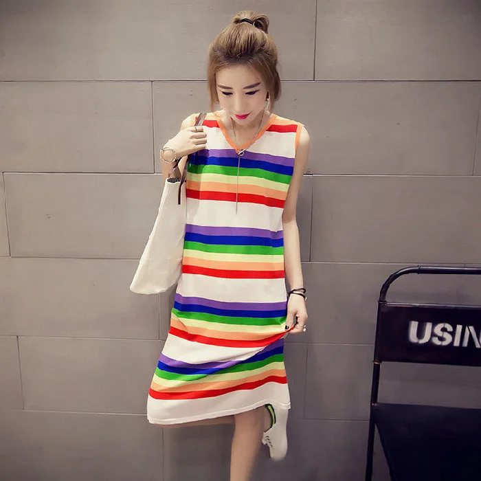 NiDELL Summer Sleeveless V-neck Sexy Sneaky Design Striped Long Long Dress Vest Camisole Candy Rainbow Color Dress Fashion