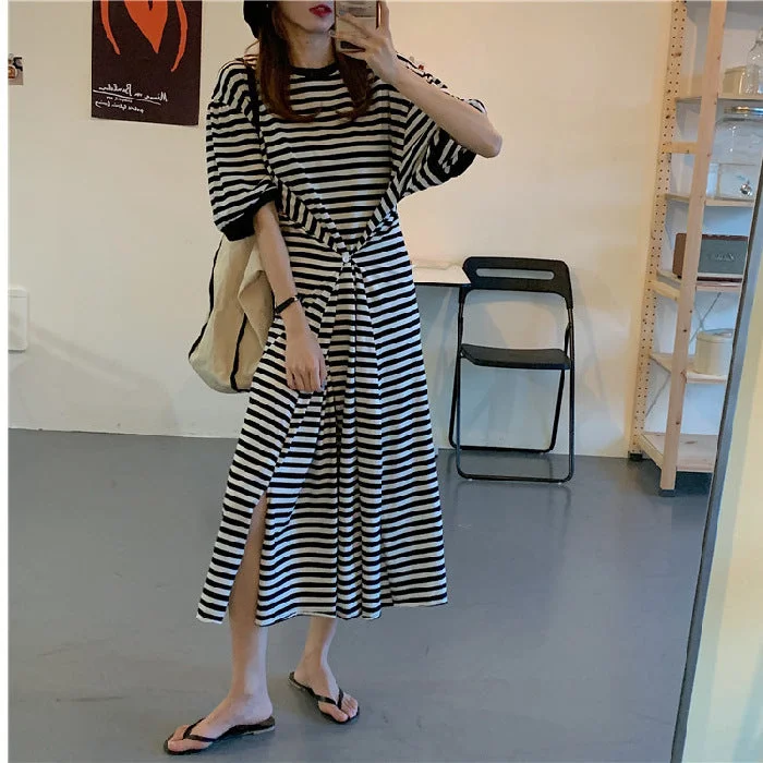 NiDELL Western Style Striped Sloth Dress Long Belly-Covering Slimming 100.00kg Dress . plus Size Loose Overknee Dress