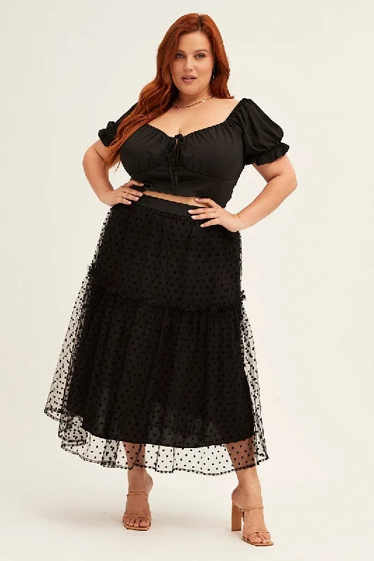 Polka Dot Midi Skirt Tulle Spot Elastic Waist Party