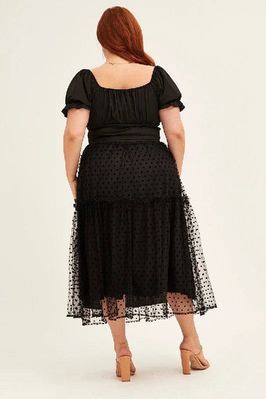 Polka Dot Midi Skirt Tulle Spot Elastic Waist Party