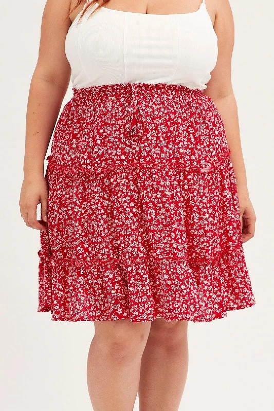 Red Ditsy Mini Skirt High Rise Tiered