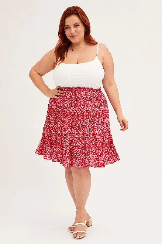 Red Ditsy Mini Skirt High Rise Tiered