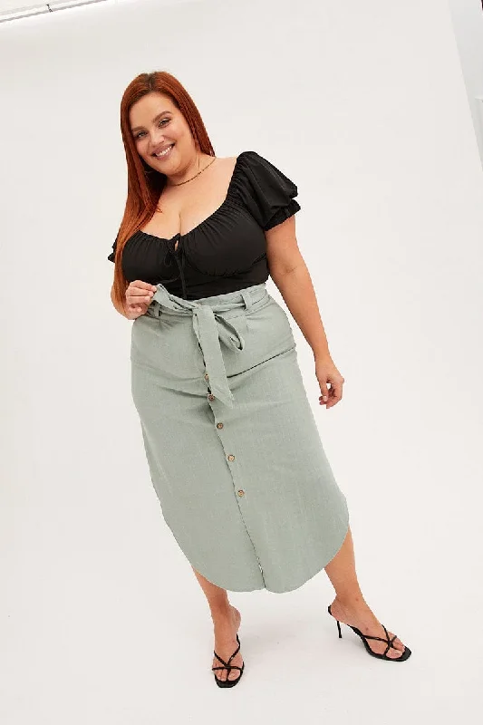 Sage Midi Skirt Button Front Linen Blend