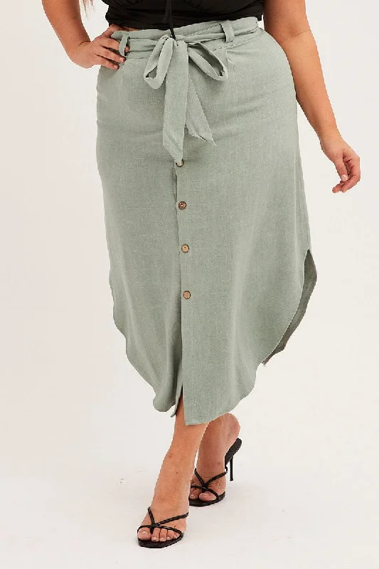 Sage Midi Skirt Button Front Linen Blend