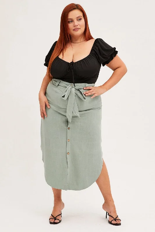 Sage Midi Skirt Button Front Linen Blend