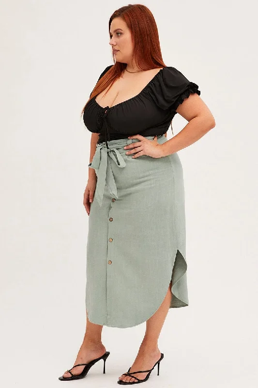 Sage Midi Skirt Button Front Linen Blend