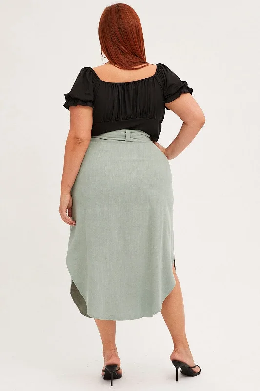 Sage Midi Skirt Button Front Linen Blend