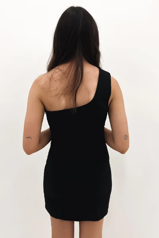 Wave One Shoulder Mini Dress Black