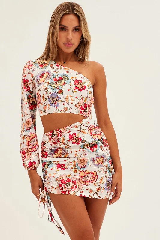 White Print One Shoulder Cutout Dress