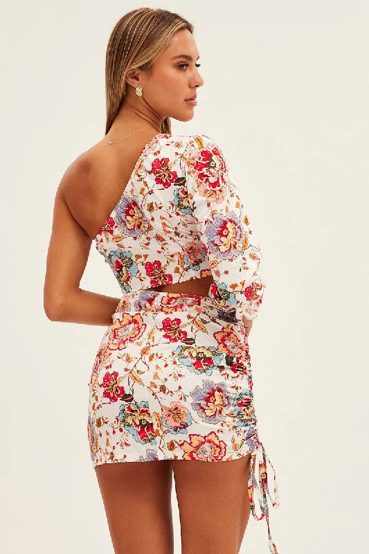 White Print One Shoulder Cutout Dress