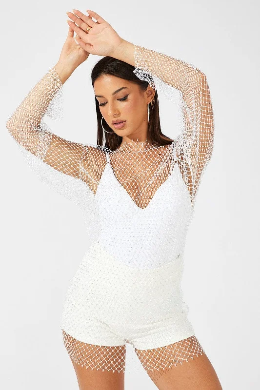 White Rhinestone Mesh Fishnet Dress