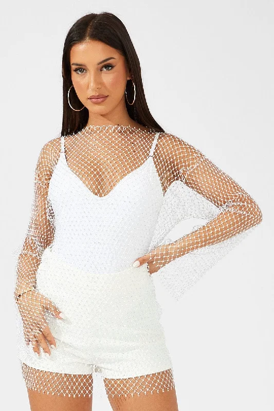 White Rhinestone Mesh Fishnet Dress