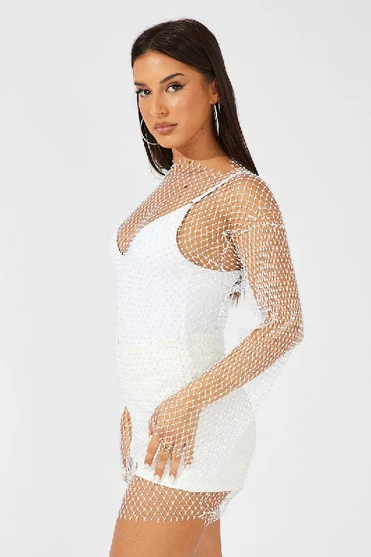 White Rhinestone Mesh Fishnet Dress