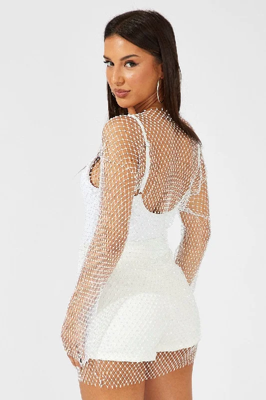 White Rhinestone Mesh Fishnet Dress