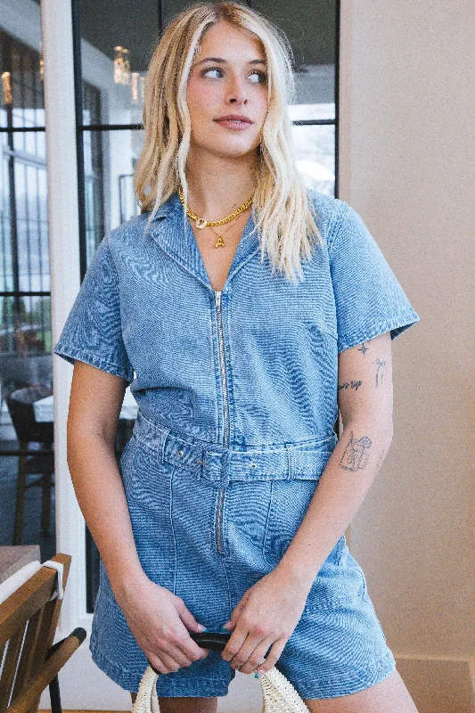 Emerson Zip Up Denim Romper, Denim