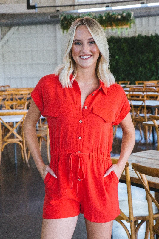 Kate Collared Romper, Red