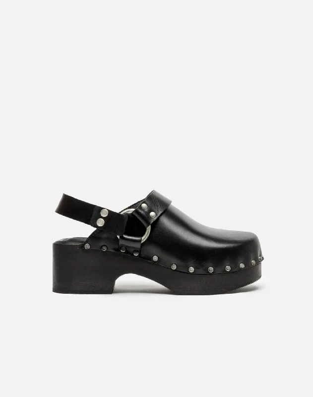 70s Studded Slingback Clog - Worn Black Leather