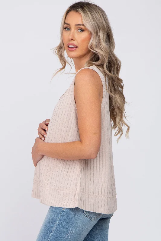 beige-ribbed-raw-hem-maternity-tank-top