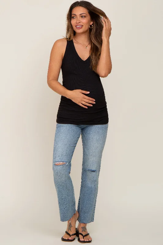 black-ribbed-sleeveless-ruched-maternity-tank-top