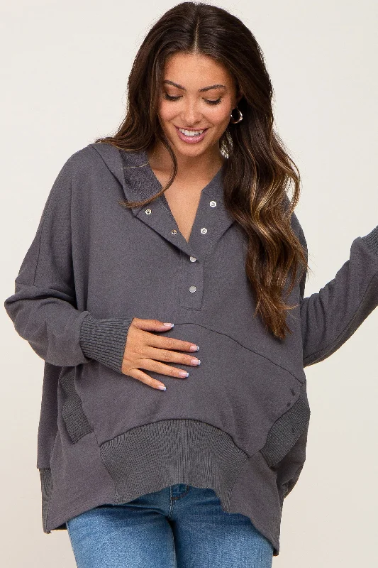 charcoal-button-front-ribbed-trim-hooded-maternity-sweatshirt