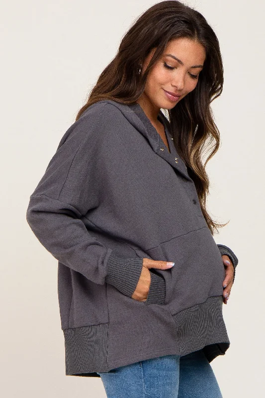 charcoal-button-front-ribbed-trim-hooded-maternity-sweatshirt