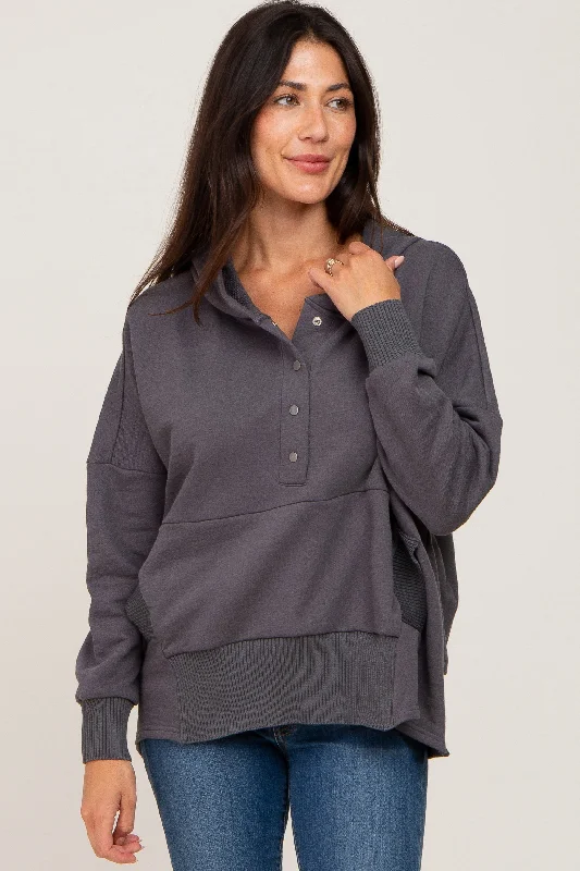 charcoal-button-front-ribbed-trim-hooded-maternity-sweatshirt