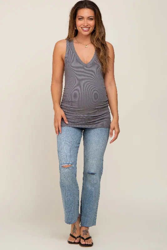 charcoal-ribbed-sleeveless-ruched-maternity-tank-top