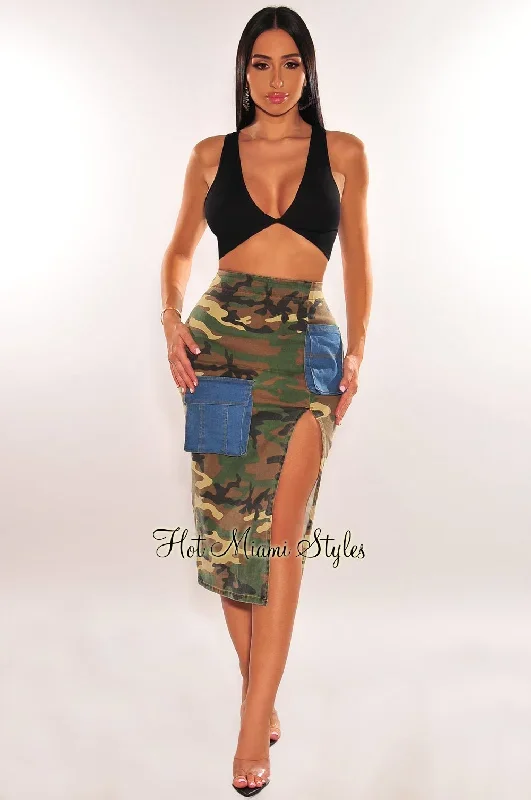 Denim Camo Print Cargo High Waist Slit Pencil Skirt