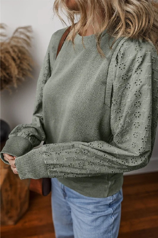 eyelet-round-neck-long-sleeve-sweatshirt