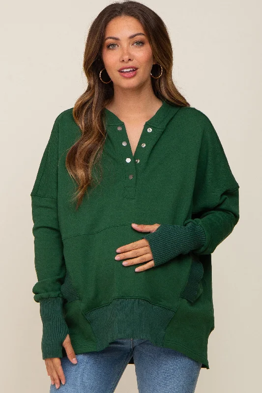 forest-green-button-front-ribbed-trim-maternity-hooded-sweatshirt