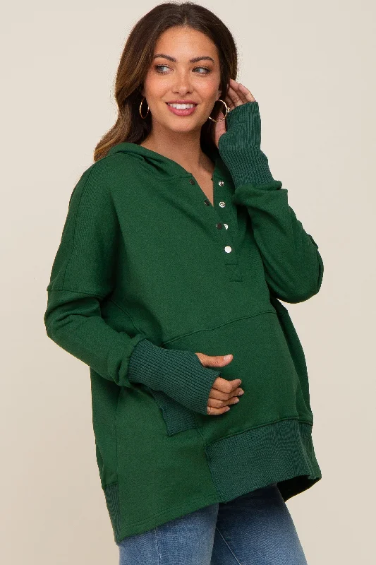 forest-green-button-front-ribbed-trim-maternity-hooded-sweatshirt