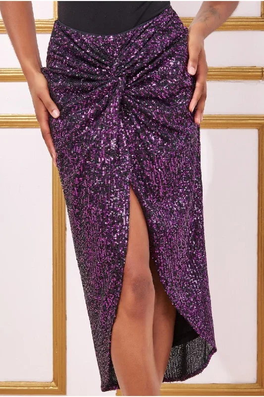 goddiva-knot-front-sequin-midi-skirt-purple