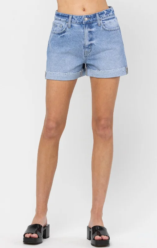 High Rise Cuffed Mom Shorts In Blue